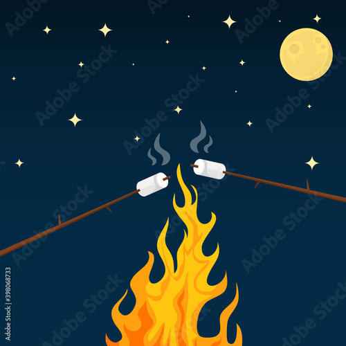 Fry marshmallows on the background of the night sky. Vector, cartoon illustration. Vector.