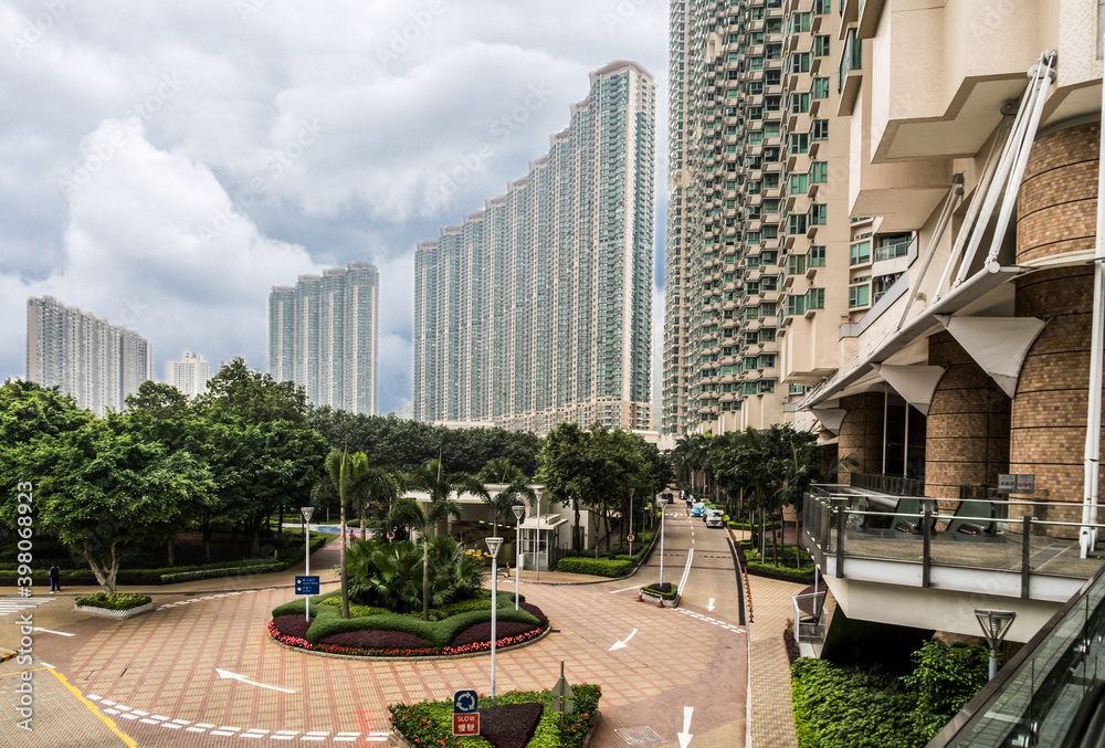 Courtyard of a residential quarter with skyscrapers in Hong Kong