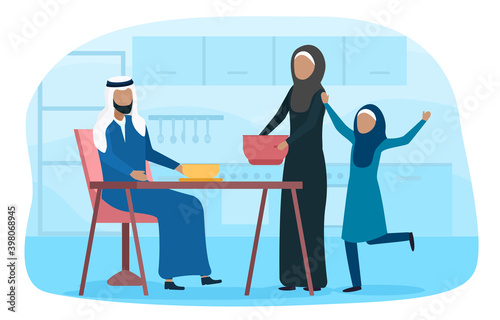 Happy arab family is about to have a meal in the kitchen. Muslim character in arabic clothes spend time together at home. Flat cartoon vector illustration