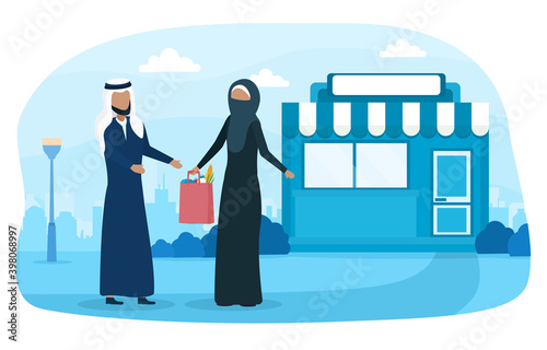 Arab family is standing near grocery store. Muslim husband and wife in arabic clothes holding bag full of food. Flat cartoon vector illustration