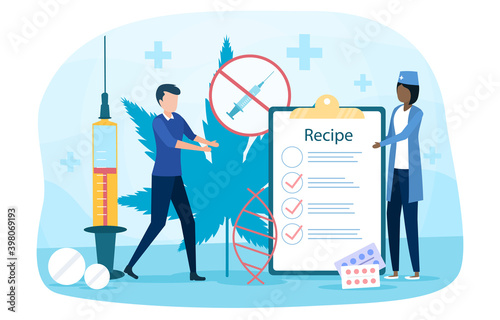 Narcologist making recipe for patient. Abstract concept of professional medical care treatment for people with drug, alcohol and tobacco addiction. Flat cartoon vector illustration