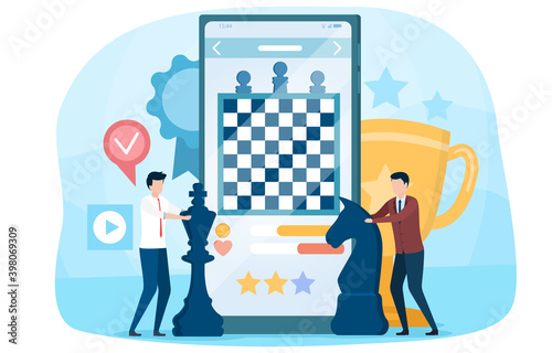 Two male characters playing online chess game. Abstract concept of playing video games on smartphone. Flat cartoon vector illustration