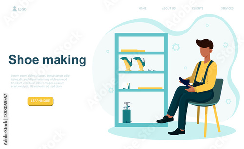 Professional shoemaker fixing shoe. Male character sitting in chair in his workshop wearing an apron mending shoe. Website, web page, landing page template