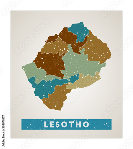 Lesotho map. Country poster with regions. Old grunge texture. Shape of Lesotho with country name. Classy vector illustration.