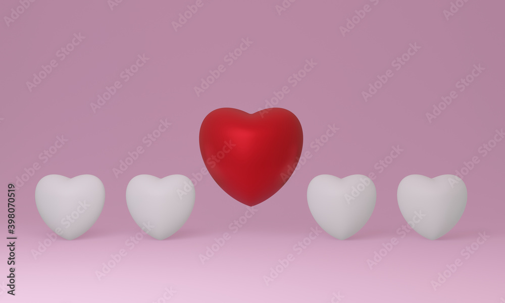 3D red and white hearts on pink background.