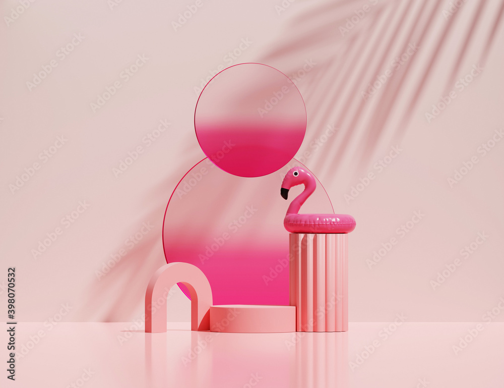 Fototapeta 3D pink podium display summer palm leaf shadow background. Cosmetic product promotion with inflatable flamingo. Pedestal, round pink frame and geometric art deco shapes . Abstract 3d render template