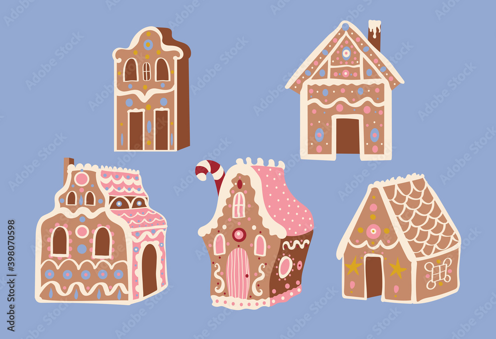 Cute Christmas gingerbread houses vector illustration set. Winter holidays, sweet, for kids, festive, Christmas treats, cookies, new year, Christmas market