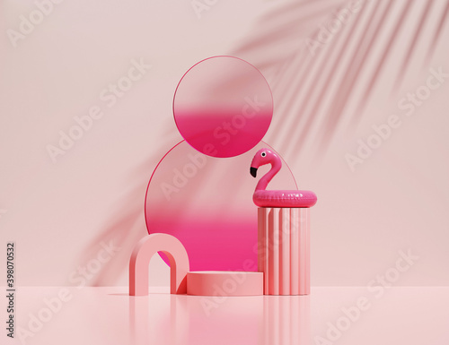 Fototapeta 3D pink podium display summer palm leaf shadow background. Cosmetic product promotion with inflatable flamingo. Pedestal, round pink frame and geometric art deco shapes . Abstract 3d render template