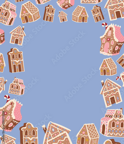 Christmas vector rectangular frame with gingerbread houses on blue background. Winter holidays, sweet, for kids, treats, new year, Christmas market. Greeting card, banner