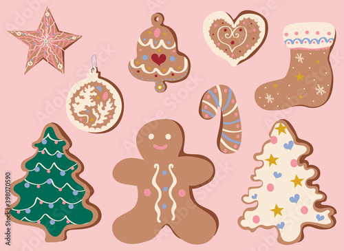 Cute Christmas gingerbread cookies vector illustration set. Winter holidays, sweet, for kids, festive, Christmas treats, cookies, new year, Christmas market, greeting card
