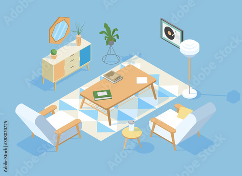 Vector Isometric Scandinavian Living Room Interior With Armchairs, Table, Drawer, Plants, Carpet And Decorations.