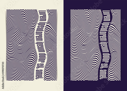 Monochrome Flyer Design Template with Distorted Wavy Line Patterns. Vector illustration.