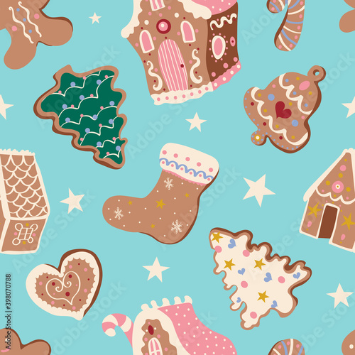 Cute Christmas vector seamless pattern with white stars and gingerbread houses and cookies on pastel blue background. Winter holidays, sweet, for kids, festive, treats, new year, Christmas market