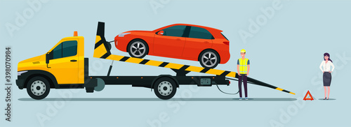 The driver of the tow truck is loading the faulty car. Woman car owner watches loading. Vector flat style illustration.