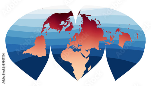 World Map Vector. Alan K. Philbrick's interrupted sinu-Mollweide projection. World in red-orange gradient on deep blue ocean waves. Creative vector illustration.