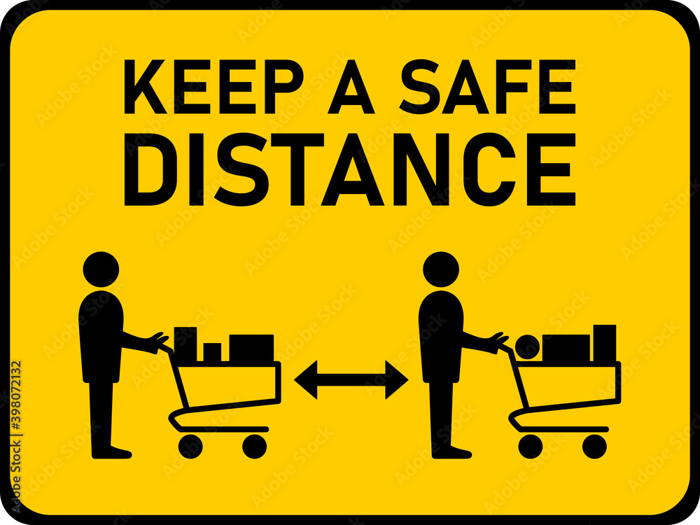 Keep a Safe Distance and Maintain Social Distancing while Shopping with Supermarket Trolleys and Waiting in Queue Line Horizontal Instruction Icon with an Aspect Ratio of 4:3. Vector Image.
