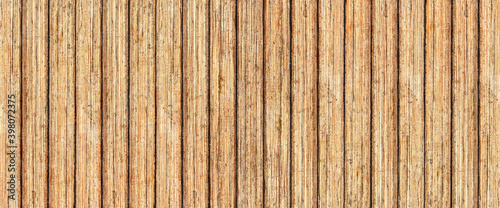 Panoramic wood texture. Wooden desk pattern. Website header panoramic view. Rustic tree desk with knots pattern. Countryside architecture wall. Village building construction. Wood industry texture.