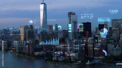 Futuristic Manhattan skyline with stock exchange figures. Augmented reality elements over an aerial view of New York with financial charts and data. Big data, Artificial intelligence, IOT