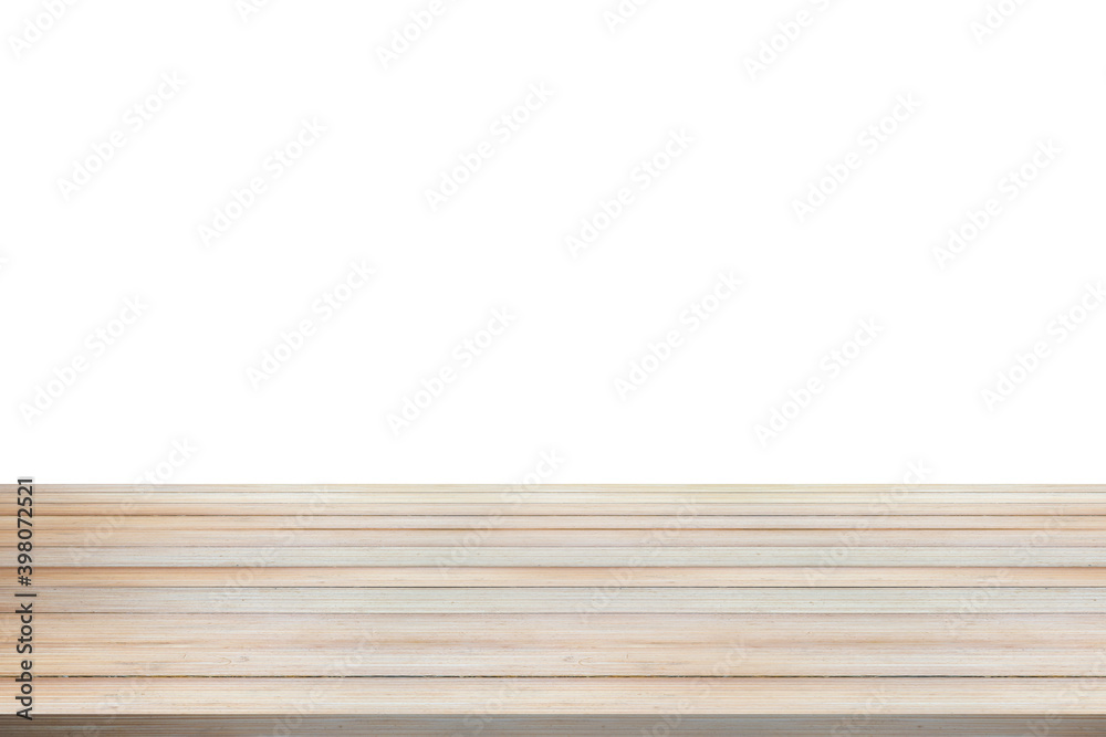 Empty bamboo wood table top isolated on white background for product display montage