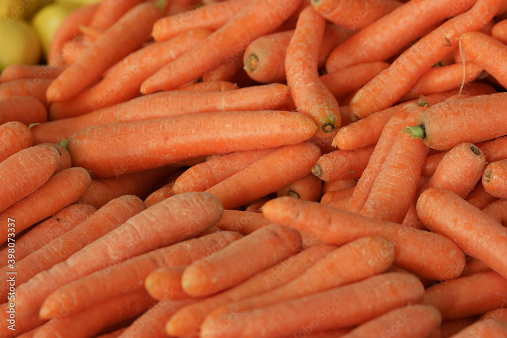 Pile of fresh young carrots close up. Root vegetable harvesting. Healthy nutritious food. Pile of fresh young carrots close up. Root vegetable harvesting. Healthy nutritious food.