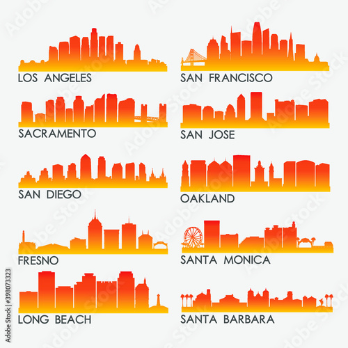 California USA Skyline City Silhouette Design Collection. Vector Illustration Set Clip Art.