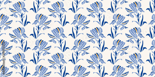 Botany Geometric Baroque Iris Flower Pattern. Seamless Vector Floral Background. Linocut Design. Vintage Kitchen. Kitchen Wear, Home Decor, Gift Wrap. Vector EPS 10 Tile.