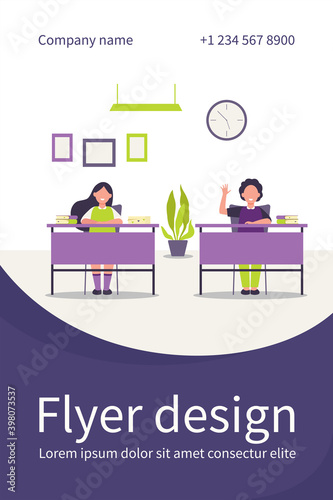Happy pupils studying in classroom isolated flat vector illustration. Cartoon children characters sitting at tables in school lesson. Study, exam and interior clipart concept