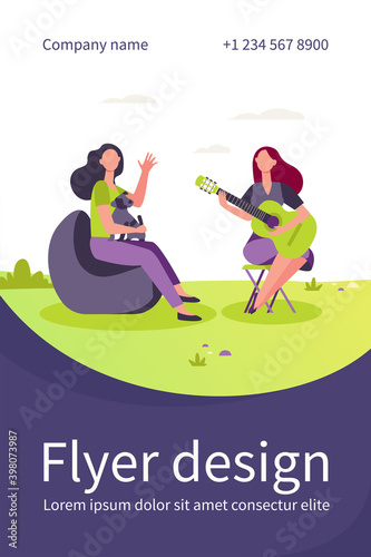 Female friends and pet relaxing outdoors. Women playing guitar and singing outdoors flat vector illustration. Camping, recreation, leisure concept for banner, website design or landing web page