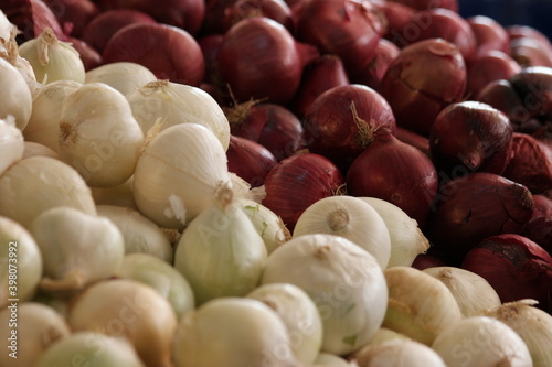 Background of white and red onion bulbs. Farm vegetables background. Organic food concept.