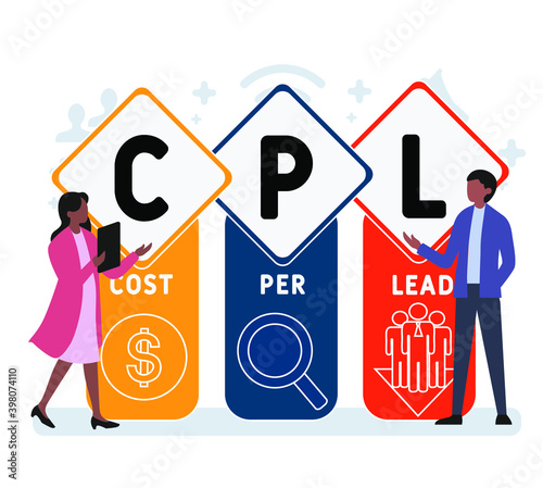 Flat design with people.CPL - Cost Per Lead acronym, business concept background.   Vector illustration for website banner, marketing materials, business presentation, online advertising.