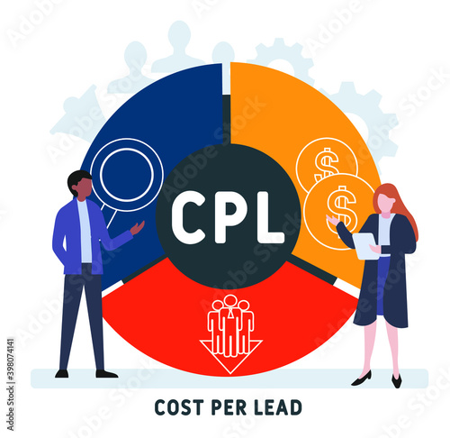 Flat design with people.CPL - Cost Per Lead acronym, business concept background.   Vector illustration for website banner, marketing materials, business presentation, online advertising.