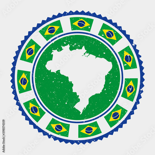 Brazil grunge stamp. Round logo with map and flag of Brazil. Country stamp. Vector illustration.