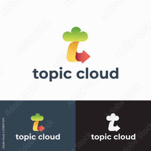 Topic Cloud Abstract Sign, Symbol or Logo Template. Letter T with Arrow Icon with Modern Typography. Dynamic Tech Storage or Data Emblem Concept. Isolated