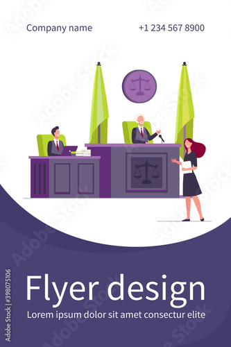 Female attorney standing in front of judge and talking isolated flat vector illustration. Cartoon courtroom or courthouse during trial. Justice and law concept