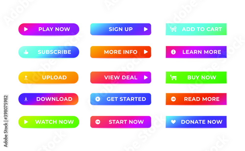 Web buttons set. Abstract gradient website action buttons vivid colors isolated white background. Vector illustration