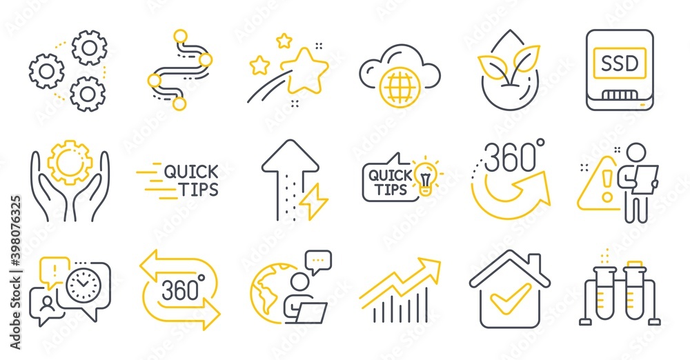 Fototapeta Set of Science icons, such as Timeline, Education idea, Ssd symbols. Chemistry beaker, Employee hand, Demand curve signs. 360 degrees, Organic product, 360 degree. Education, Gears. Vector