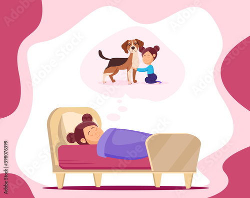 Childhood dream. A little girl in a dream dreams of a dog. Vector illustration