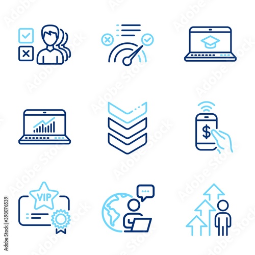 Education icons set. Included icon as Shoulder strap, Phone payment, Opinion signs. Vip certificate, Website education, Correct answer symbols. Employee result, Online statistics. Vector