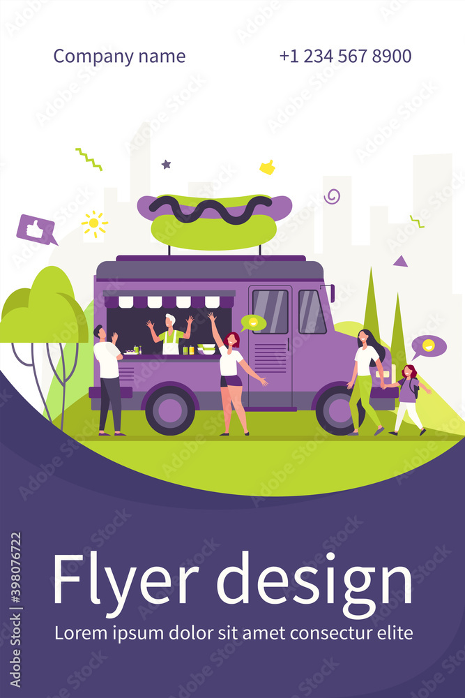 Obraz premium People visiting street food festival and buying snacks in trucks. Flat vector illustration for fair, summer event, market, vendors concept