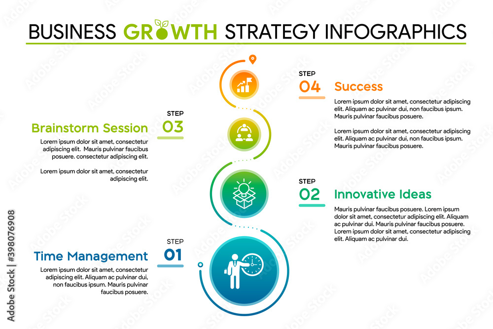 Business Growth Strategy Infographic Illustration. 4 Step Process for Success Concept.