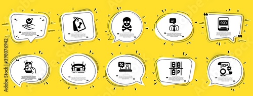 Business icons set. Speech bubble offer banners. Yellow coupon badge. Included icon as Arena stadium, Music phone, Chemical hazard signs. Online loan, Construction document, Approved symbols. Vector