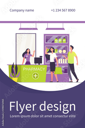 Customers and pharmacist in pharmacy store. People buying medication in drugstore. Flat vector illustration for service, treatment, pharmaceutics concept