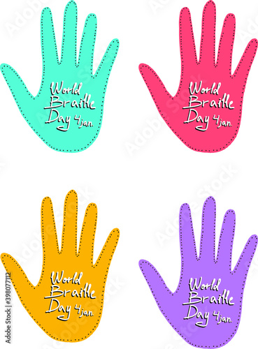 world braille day. four multi-colored palms with the inscription on a white background.