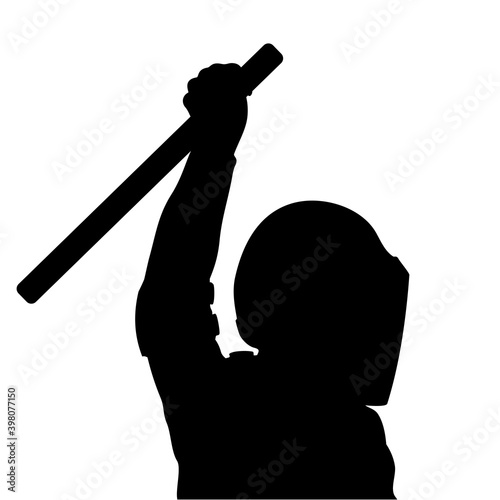 Silhouette policeman swings baton closeup