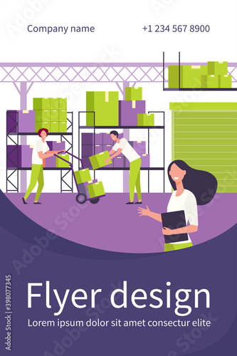 Staff working in logistic storage isolated flat vector illustration. Cartoon stockroom workers and loaders taking boxes from cargo pallet in stockroom. Delivery service and warehouse interior concept