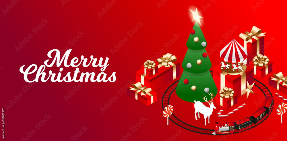Vector isometric flat illustration. graphic design festive merry christmas and happy new year 2021. design elements on a red background isometric christmas tree with red gift boxes with golden bows Vector isometric flat illustration. graphic design festive merry christmas and happy new year 2021. design elements on a red background isometric christmas tree with red gift boxes with golden bows