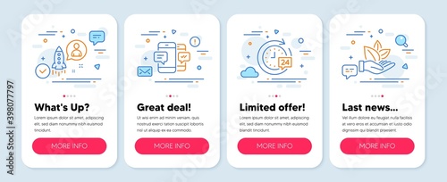 Set of Technology icons, such as 24h delivery, Startup, Smartphone sms symbols. Mobile screen mockup banners. Organic product line icons. Stopwatch, Developer, Mobile messages. Leaf. Vector