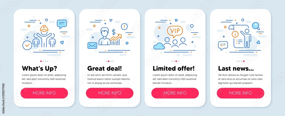 Set of People icons, such as Business growth, Engineering team, Vip clients symbols. Mobile app mockup banners. Manual doc line icons. Earnings results, Engineer person, Exclusive privilege. Vector