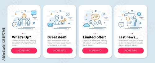 Set of People icons, such as Business growth, Engineering team, Vip clients symbols. Mobile app mockup banners. Manual doc line icons. Earnings results, Engineer person, Exclusive privilege. Vector