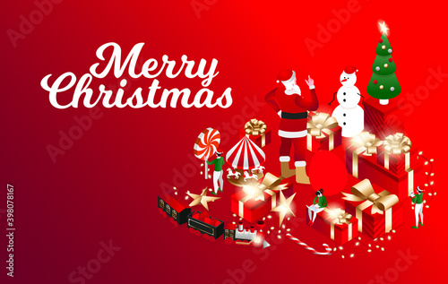 Vector isometric flat illustration. graphic design festive merry christmas and happy new year 2021. design elements on a red background isometric christmas tree with red gift boxes with golden bows